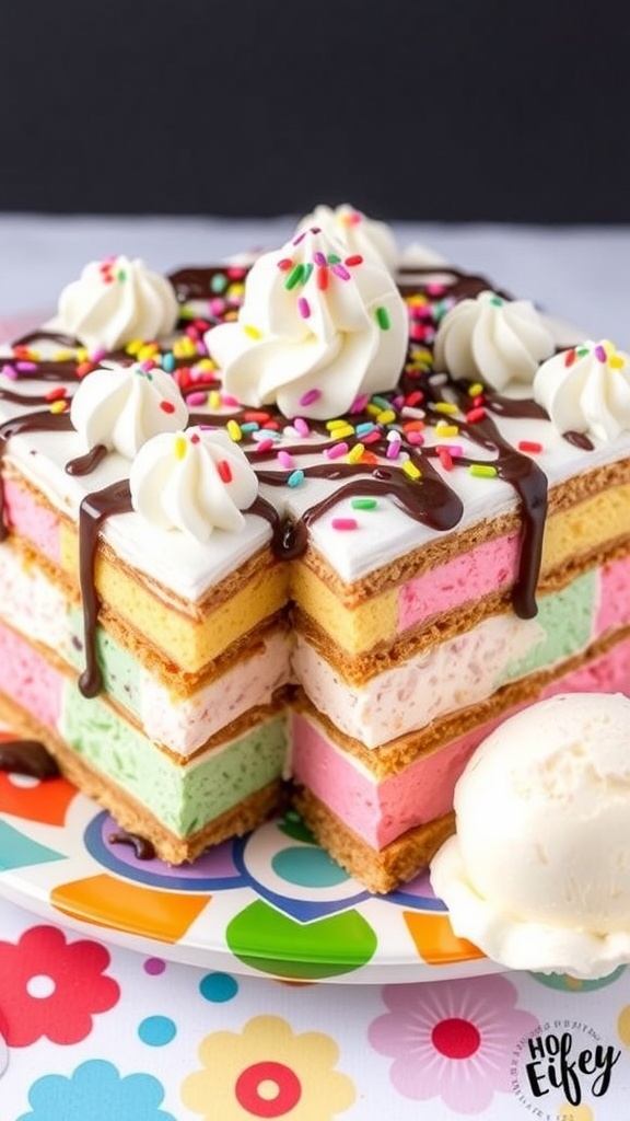 Decadent 8x8 Ice Cream Sandwich Cake A square slice of ice cream sandwich cake topped with whipped cream and chocolate drizzle, served with a scoop of ice cream.